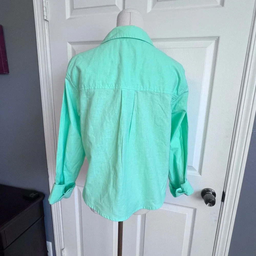 Universal Thread Lime Green Linen Blend Cropped‎ Button Down Shirt Womens Medium - Picture 3 of 8